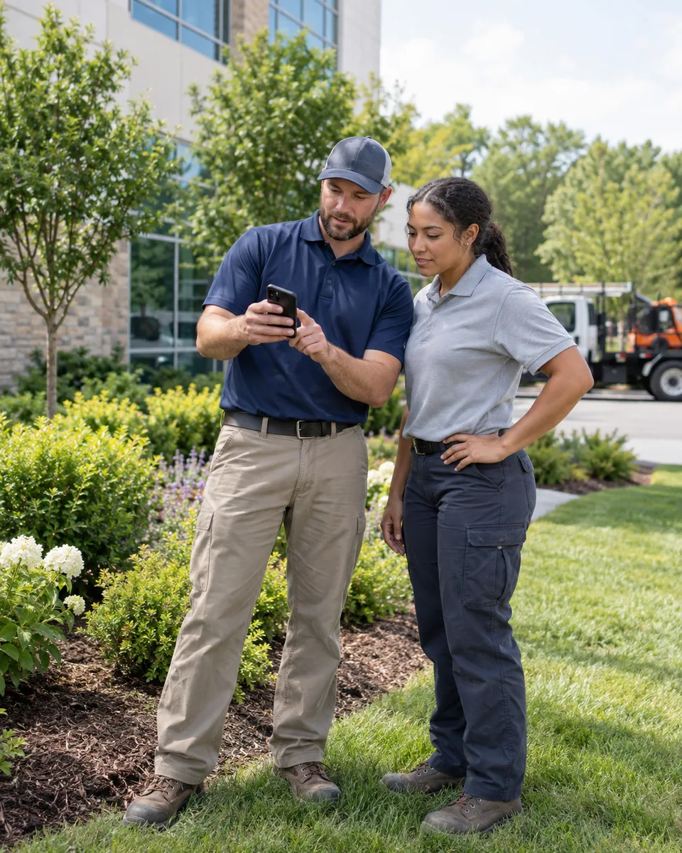 Two landscaping crew members reviewing a phone together.