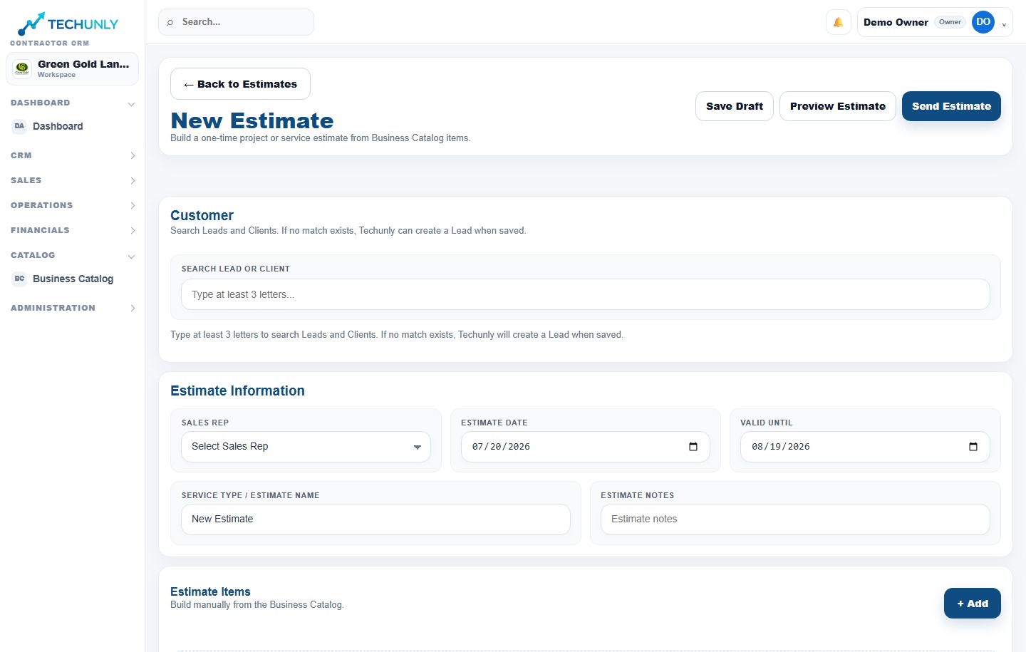 Techunly Estimates screen for building professional landscaping proposals