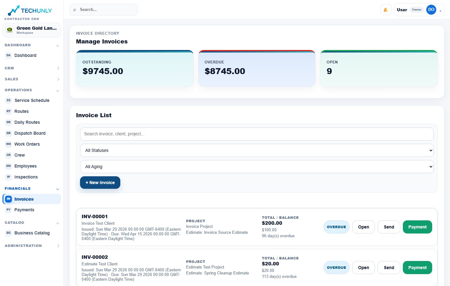Techunly invoices and payments screen for landscaping billing