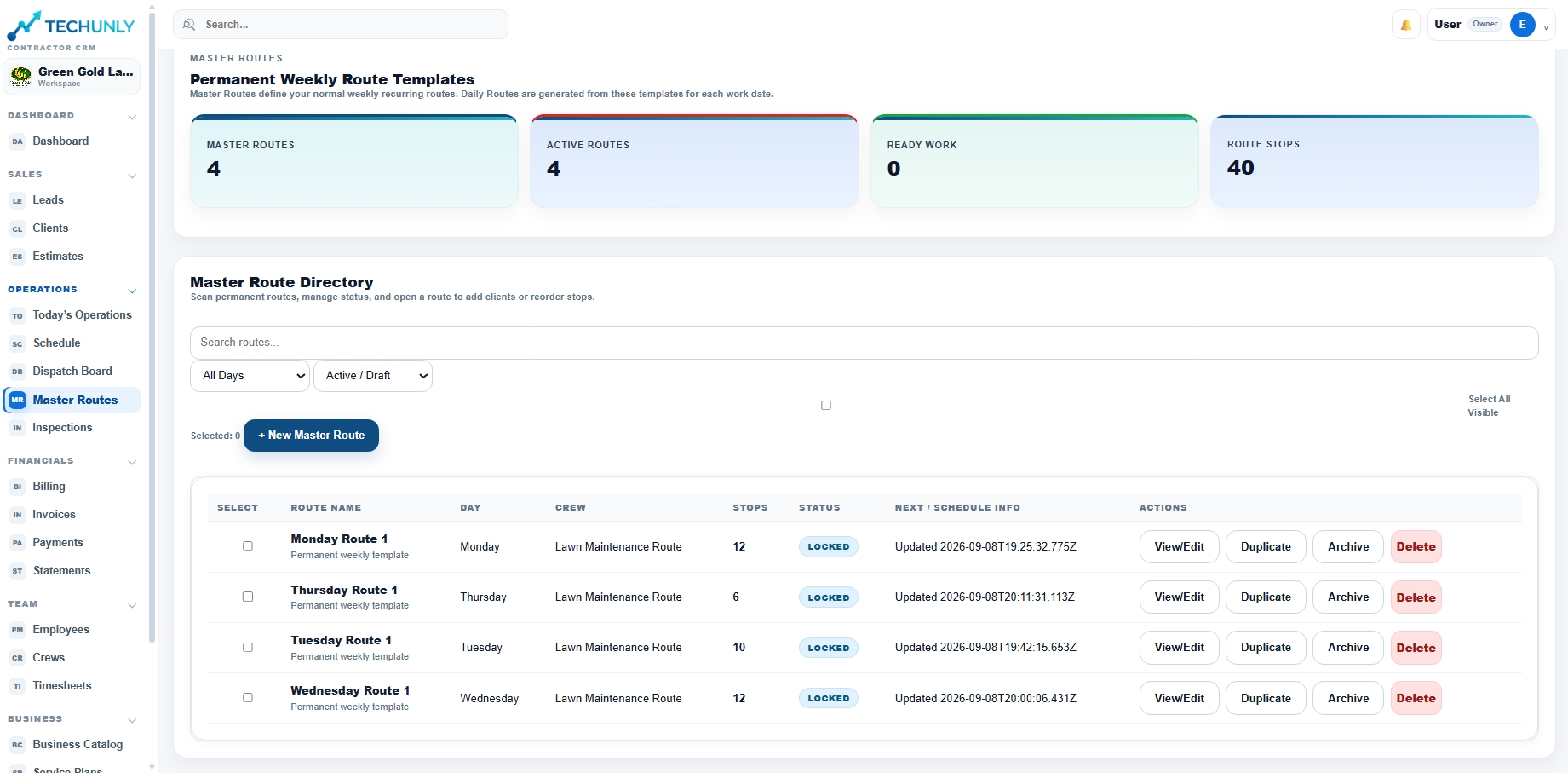 Techunly Master Routes with weekly route indicators and the route directory.